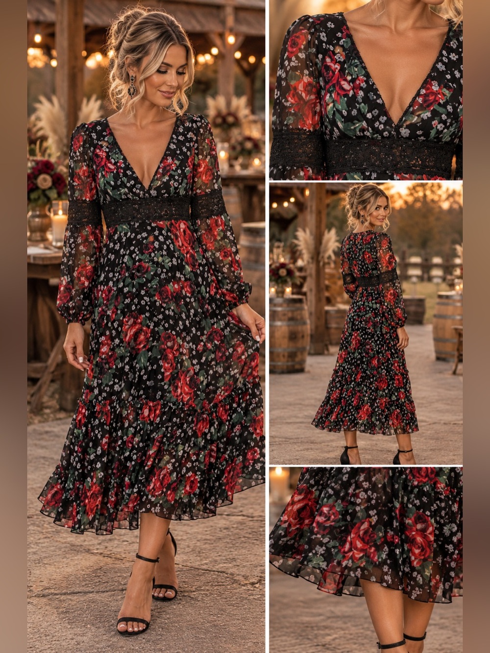 Mac Duggal Black Floral V-Neck Long Sleeve Midi Dress